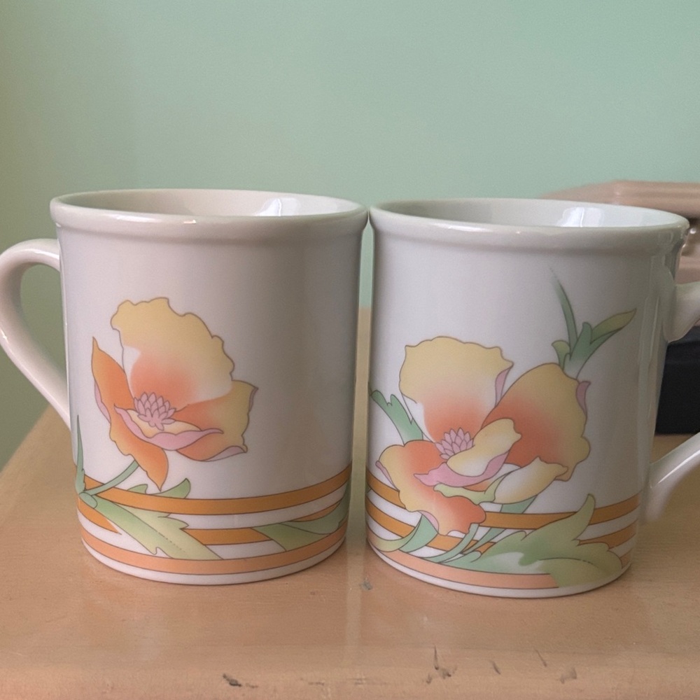 Floral Ceramic Mug Set - White and Orange